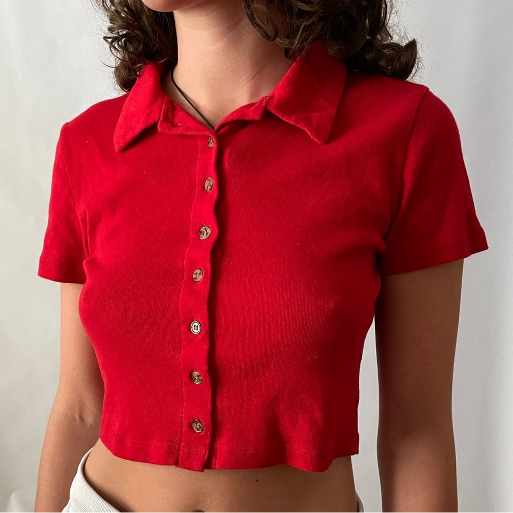Forever 21 Red Button Up Cropped Polo